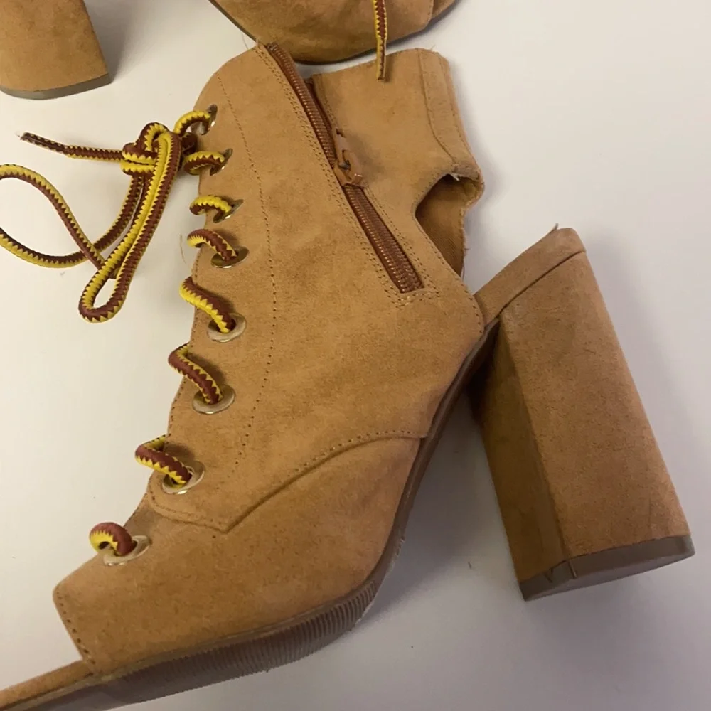 - Forever 21 open toe lace up boot tan boot sandals size 6